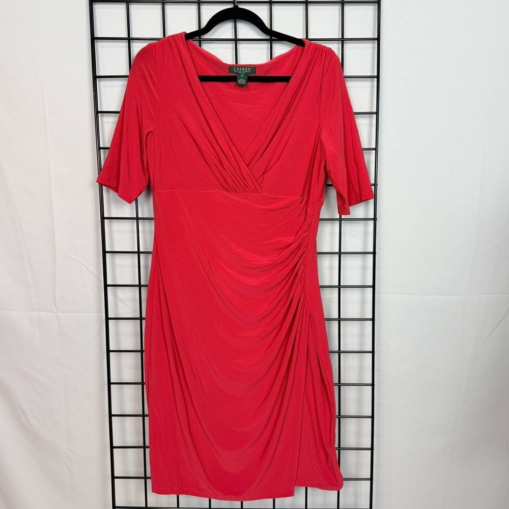 Lauren Ralph Lauren Faux Wrap Dress Womens 12 Red Side Ruched LRL Casual Bodycon